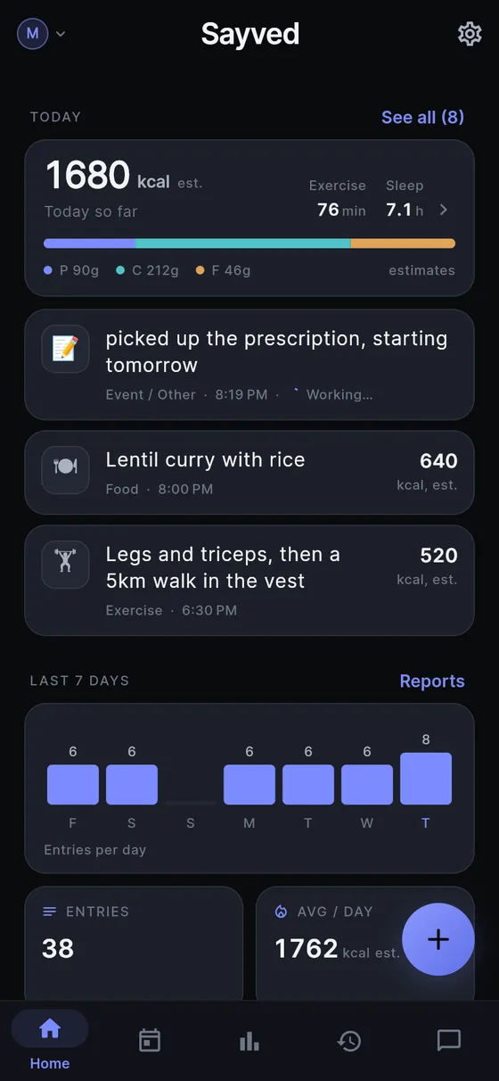 Sayved home screen: today so far and a seven-day peek